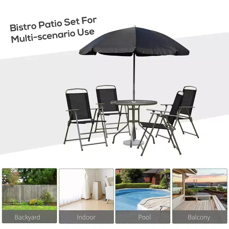 Set da pranzo da patio da 6 pezzi per 4 persone con ombrellone, tavolo e sedie da esterno con 4 sedie da pranzo pieghevoli e tavolo rotondo in vetro