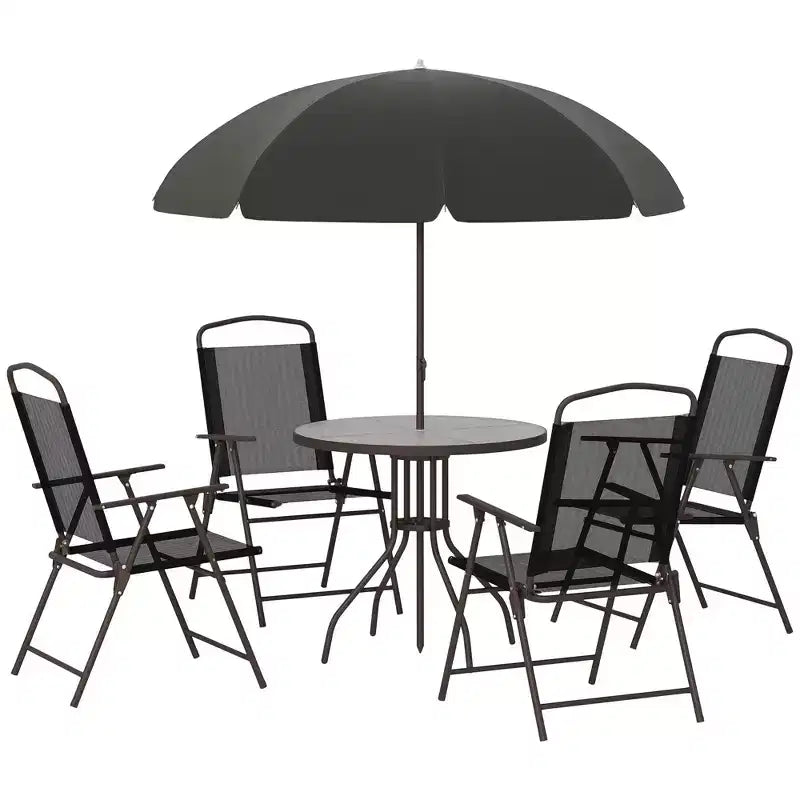 Set da pranzo da patio da 6 pezzi per 4 persone con ombrellone, tavolo e sedie da esterno con 4 sedie da pranzo pieghevoli e tavolo rotondo in vetro