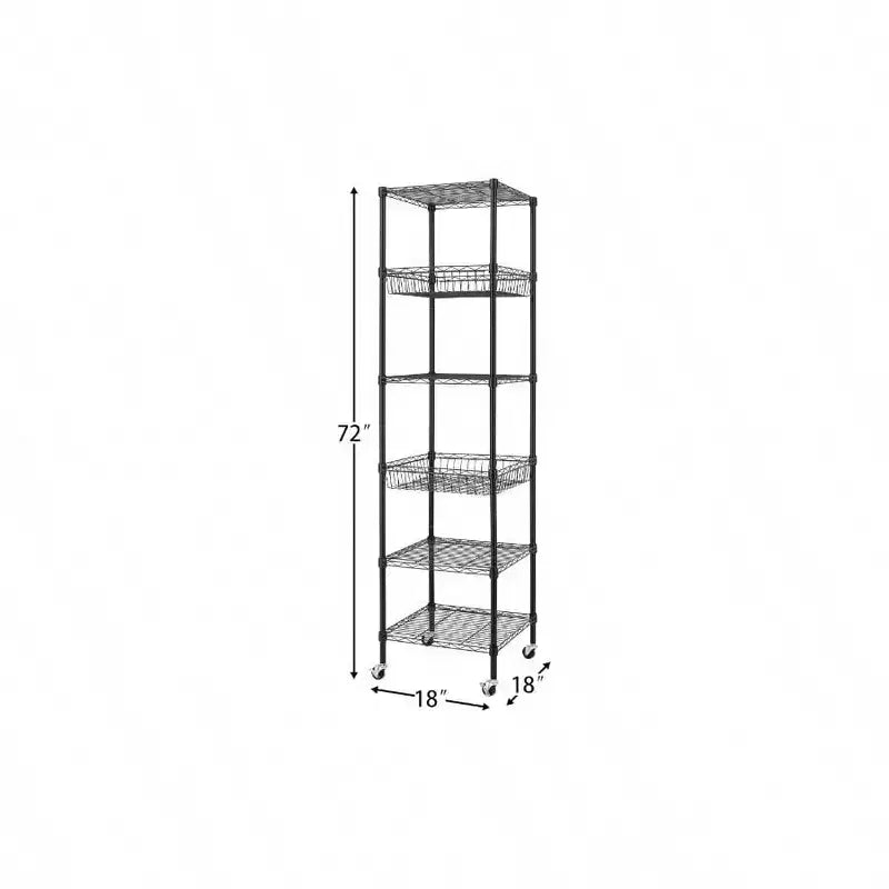 Scaffale metallico a 6 ripiani resistente con ruote 45,7x45,7x183 cm nero - Scaffale di stoccaggio in metallo con tubi in acciaio ispessiti regolabili