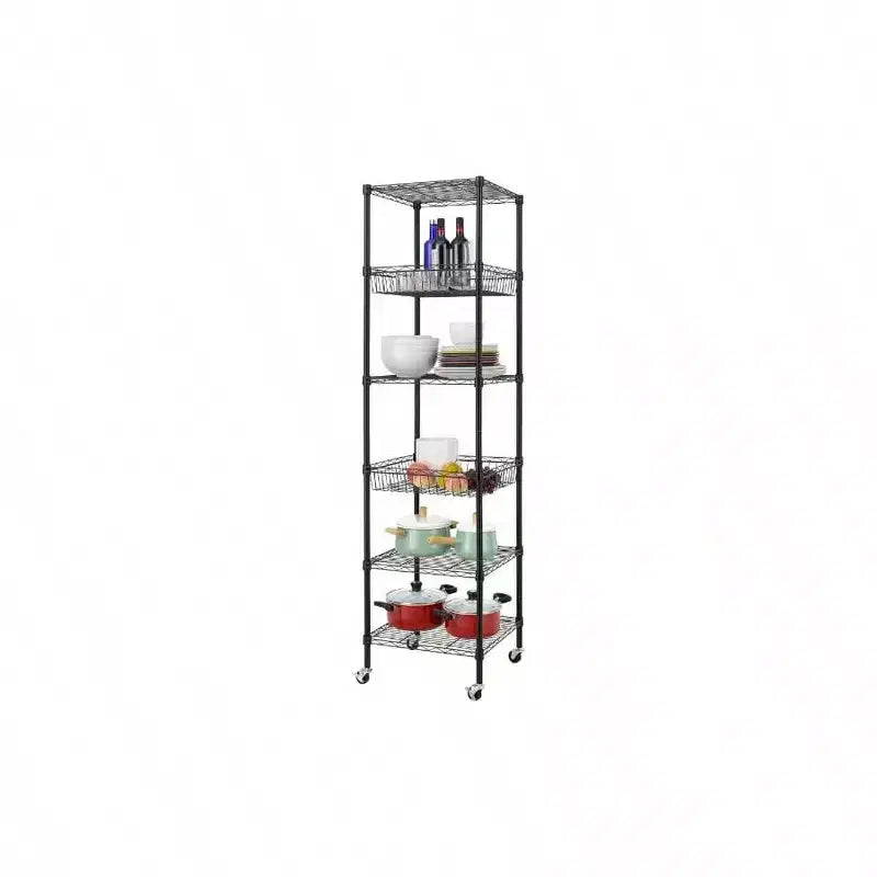 Scaffale metallico a 6 ripiani resistente con ruote 45,7x45,7x183 cm nero - Scaffale di stoccaggio in metallo con tubi in acciaio ispessiti regolabili