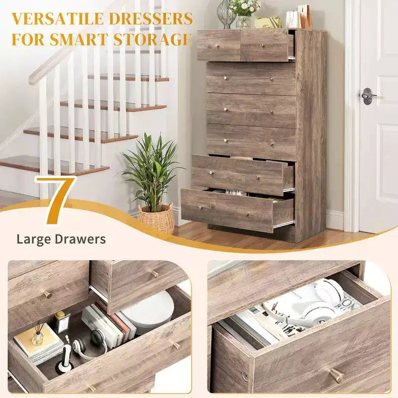 Cassettiera a 7 cassetti grande Karl Home per camera da letto e comò con struttura robusta, organizer in legno per riporre oggetti nell'armadio, di colore grigio