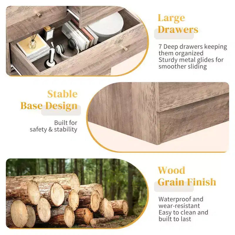 Cassettiera a 7 cassetti grande Karl Home per camera da letto e comò con struttura robusta, organizer in legno per riporre oggetti nell'armadio, di colore grigio