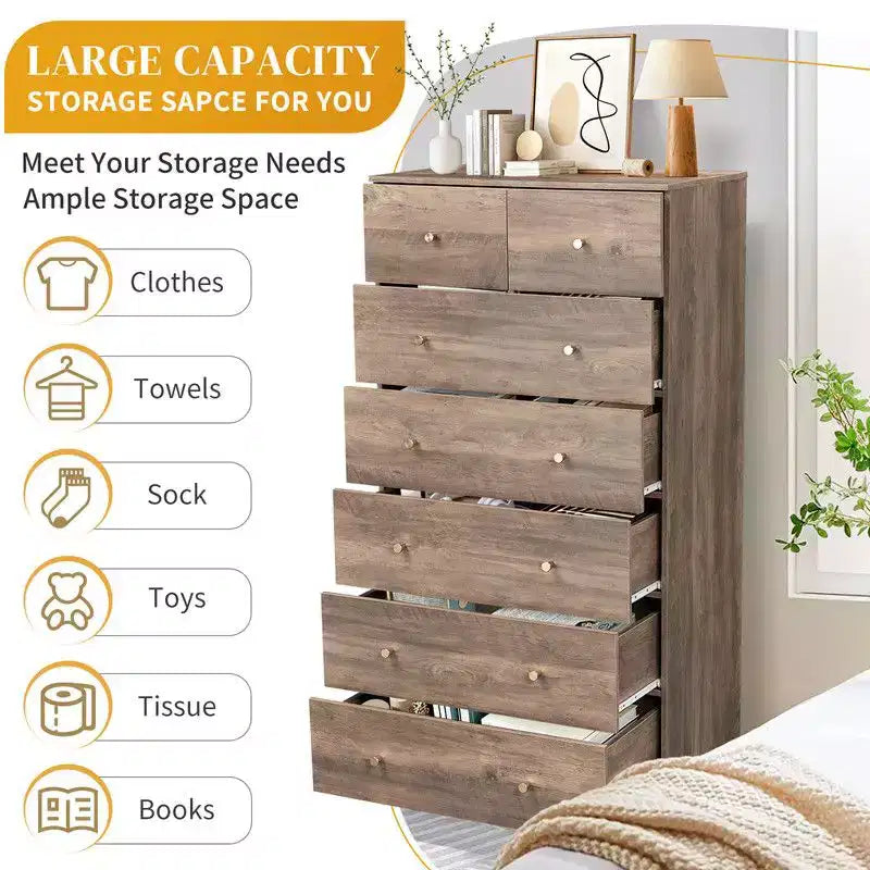 Cassettiera a 7 cassetti grande Karl Home per camera da letto e comò con struttura robusta, organizer in legno per riporre oggetti nell'armadio, di colore grigio