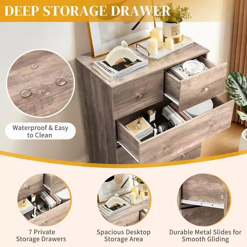 Cassettiera a 7 cassetti grande Karl Home per camera da letto e comò con struttura robusta, organizer in legno per riporre oggetti nell'armadio, di colore grigio