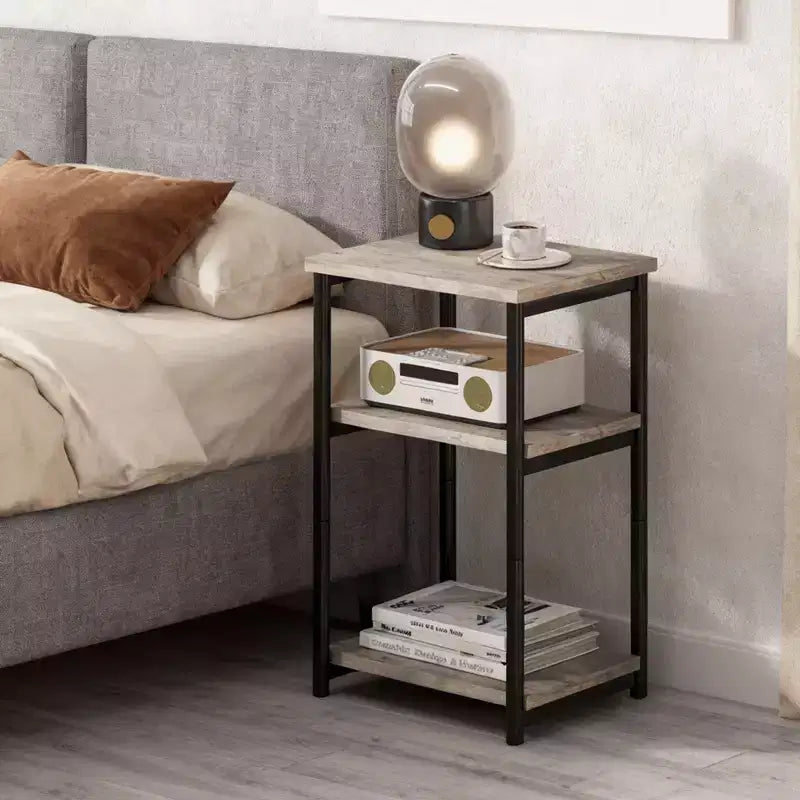 Tavolino a 3 ripiani, tavolino alto con struttura in metallo, tavolini da divano con contenitore per soggiorno, comodino con ripiano portaoggetti per camera da letto, bagno