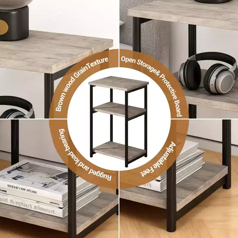 Tavolino a 3 ripiani, tavolino alto con struttura in metallo, tavolini da divano con contenitore per soggiorno, comodino con ripiano portaoggetti per camera da letto, bagno