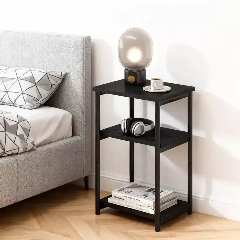Tavolino a 3 ripiani, tavolino alto con struttura in metallo, tavolini da divano con contenitore per soggiorno, comodino con ripiano portaoggetti per camera da letto, bagno