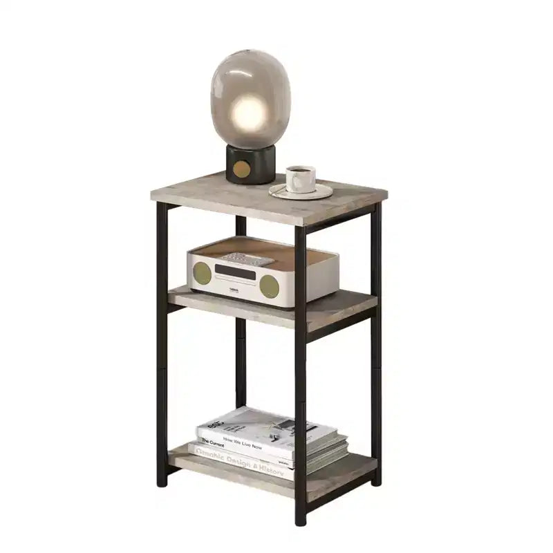 Tavolino a 3 ripiani, tavolino alto con struttura in metallo, tavolini da divano con contenitore per soggiorno, comodino con ripiano portaoggetti per camera da letto, bagno