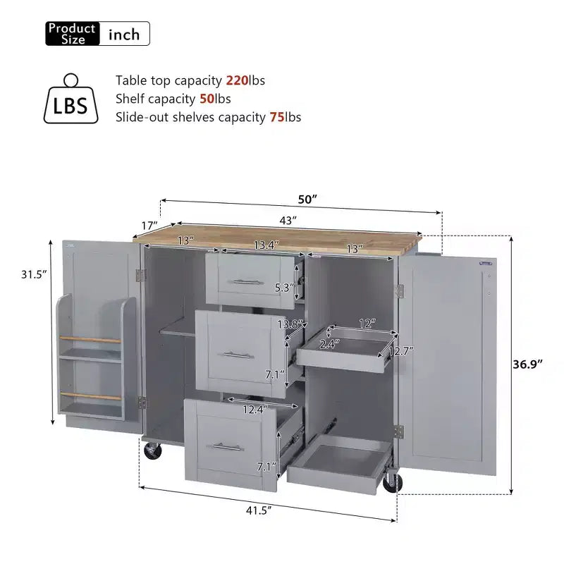Isola da Cucina Mobile Nera con Piano in Legno di Gomma, 3 Cassetti, 2 Ripiani Estraibili, Porta Spezie, Porta Utensili