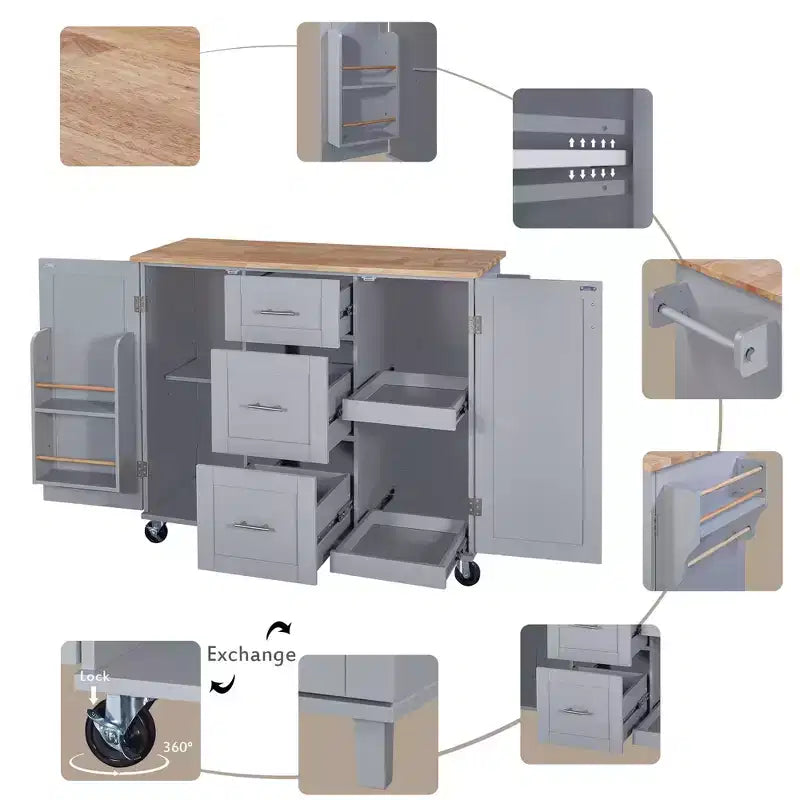 Isola da Cucina Mobile Nera con Piano in Legno di Gomma, 3 Cassetti, 2 Ripiani Estraibili, Porta Spezie, Porta Utensili