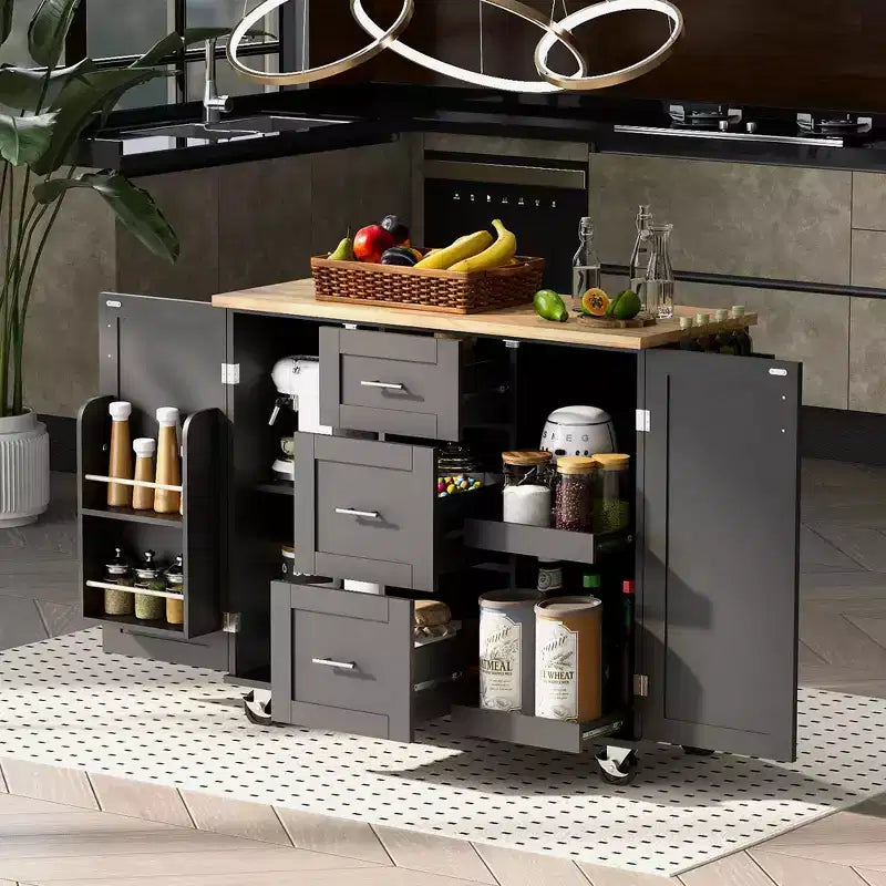 Isola da Cucina Mobile Nera con Piano in Legno di Gomma, 3 Cassetti, 2 Ripiani Estraibili, Porta Spezie, Porta Utensili