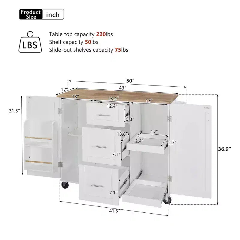Isola da Cucina Mobile Nera con Piano in Legno di Gomma, 3 Cassetti, 2 Ripiani Estraibili, Porta Spezie, Porta Utensili