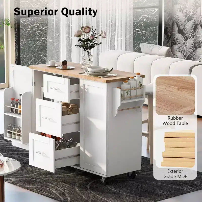 Isola da Cucina Mobile Nera con Piano in Legno di Gomma, 3 Cassetti, 2 Ripiani Estraibili, Porta Spezie, Porta Utensili