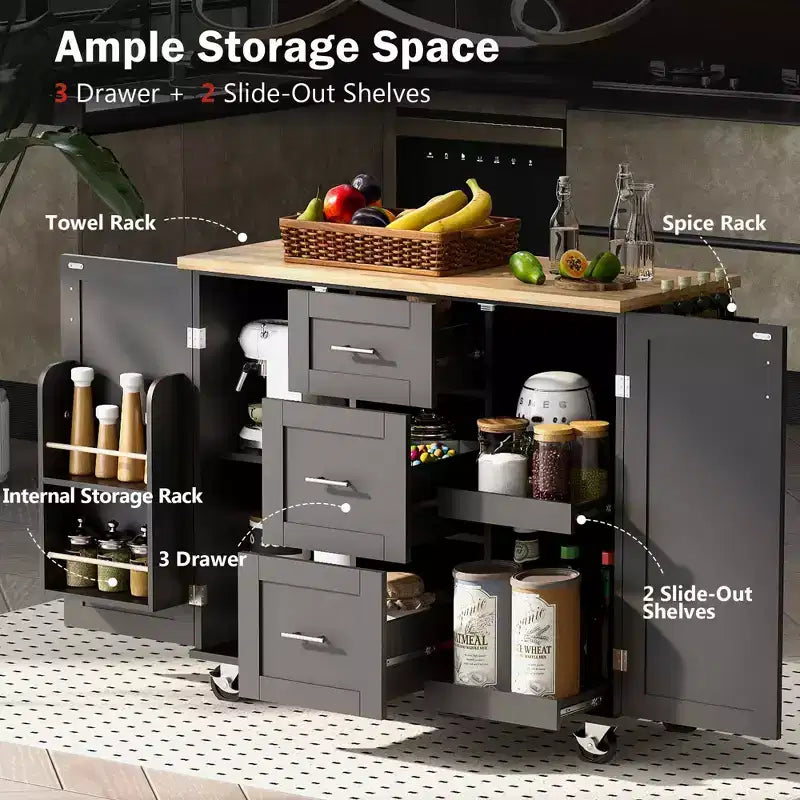 Isola da Cucina Mobile Nera con Piano in Legno di Gomma, 3 Cassetti, 2 Ripiani Estraibili, Porta Spezie, Porta Utensili