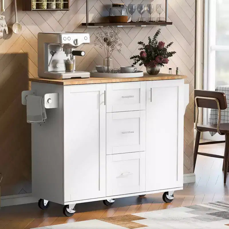 Isola da Cucina Mobile Nera con Piano in Legno di Gomma, 3 Cassetti, 2 Ripiani Estraibili, Porta Spezie, Porta Utensili