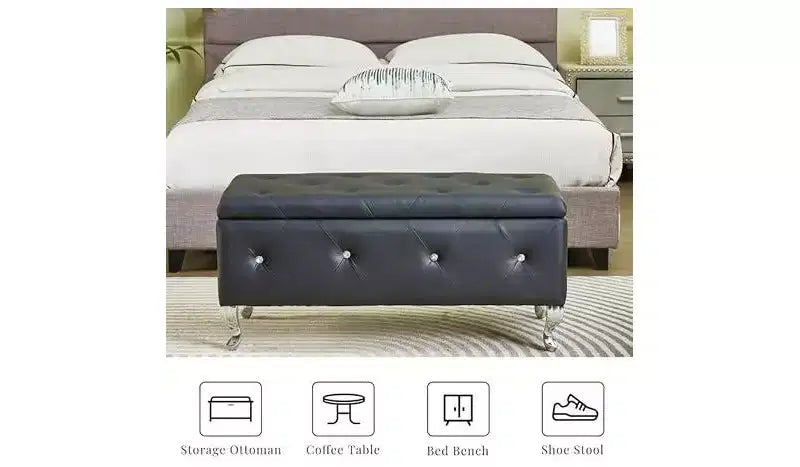 Panca Contenitore Ottomana, con Seduta Trapuntata e Gambe in Metallo, Panca Contenitore per Camera da Letto in Pelle, Panca Ottomana per Soggiorno, Camera da Letto, Nero