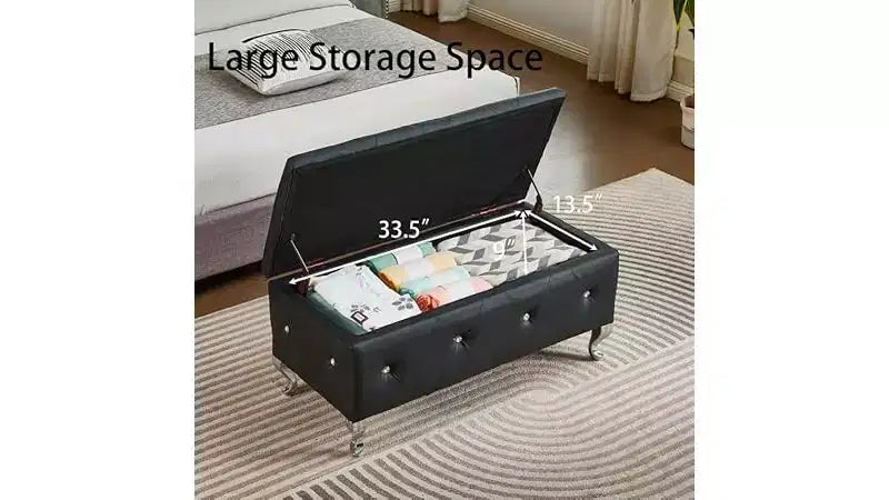 Panca Contenitore Ottomana, con Seduta Trapuntata e Gambe in Metallo, Panca Contenitore per Camera da Letto in Pelle, Panca Ottomana per Soggiorno, Camera da Letto, Nero