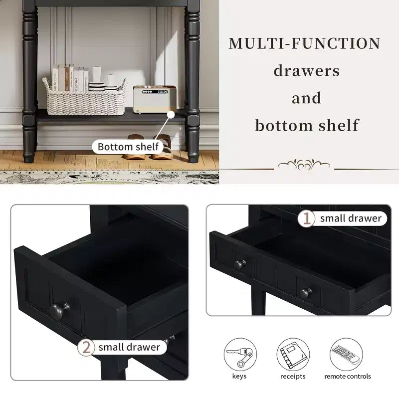 Consolle piccola retrò con cassetti e ripiano inferiore, tavolo da ingresso in legno stile rustico con portaoggetti, tavolino sottile in legno per ingresso