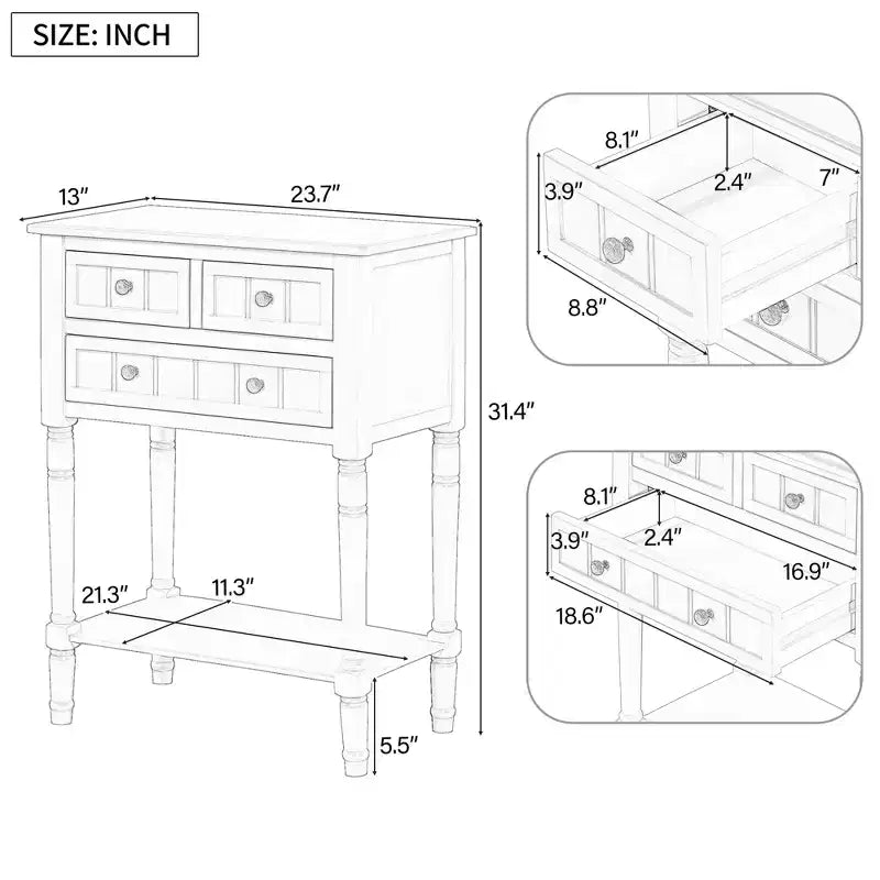 Consolle piccola retrò con cassetti e ripiano inferiore, tavolo da ingresso in legno stile rustico con portaoggetti, tavolino sottile in legno per ingresso