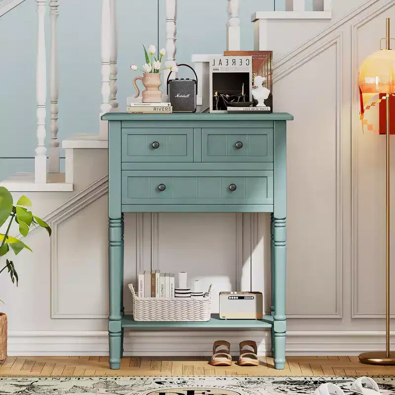 Consolle piccola retrò con cassetti e ripiano inferiore, tavolo da ingresso in legno stile rustico con portaoggetti, tavolino sottile in legno per ingresso