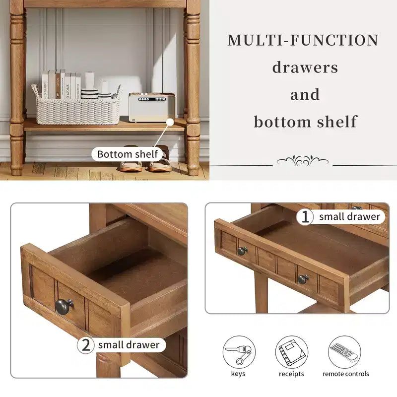 Consolle piccola retrò con cassetti e ripiano inferiore, tavolo da ingresso in legno stile rustico con portaoggetti, tavolino sottile in legno per ingresso