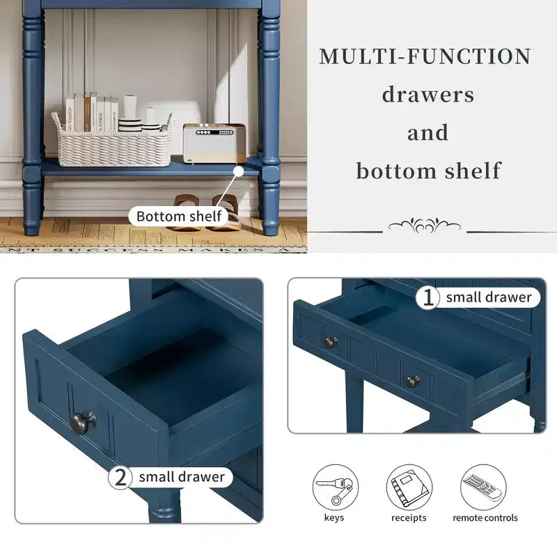 Consolle piccola retrò con cassetti e ripiano inferiore, tavolo da ingresso in legno stile rustico con portaoggetti, tavolino sottile in legno per ingresso