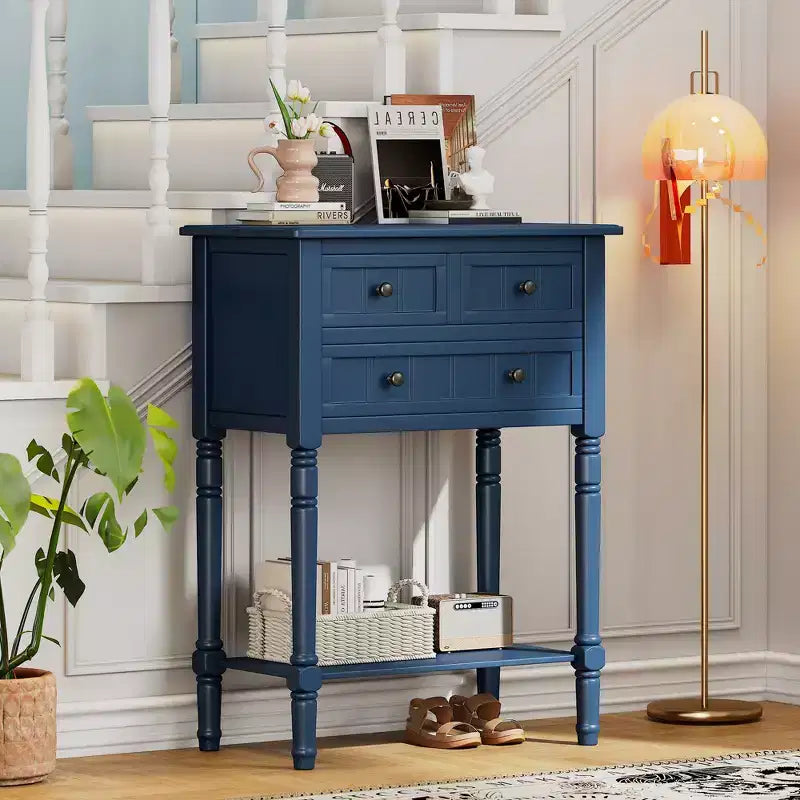 Consolle piccola retrò con cassetti e ripiano inferiore, tavolo da ingresso in legno stile rustico con portaoggetti, tavolino sottile in legno per ingresso