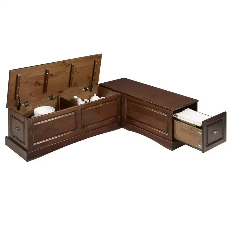 Set da pranzo Colby con panca a L e angolo senza schienale, marrone, struttura in legno, 5 posti, base a cavalletto
