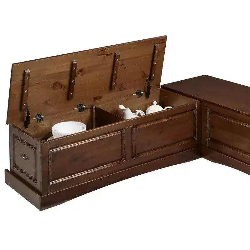 Set da pranzo Colby con panca a L e angolo senza schienale, marrone, struttura in legno, 5 posti, base a cavalletto