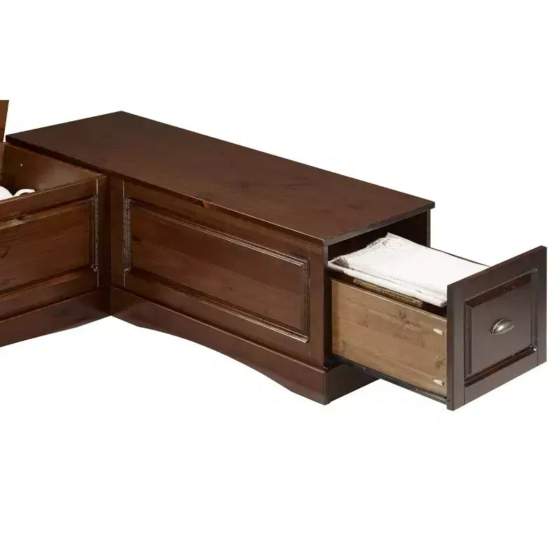 Set da pranzo Colby con panca a L e angolo senza schienale, marrone, struttura in legno, 5 posti, base a cavalletto