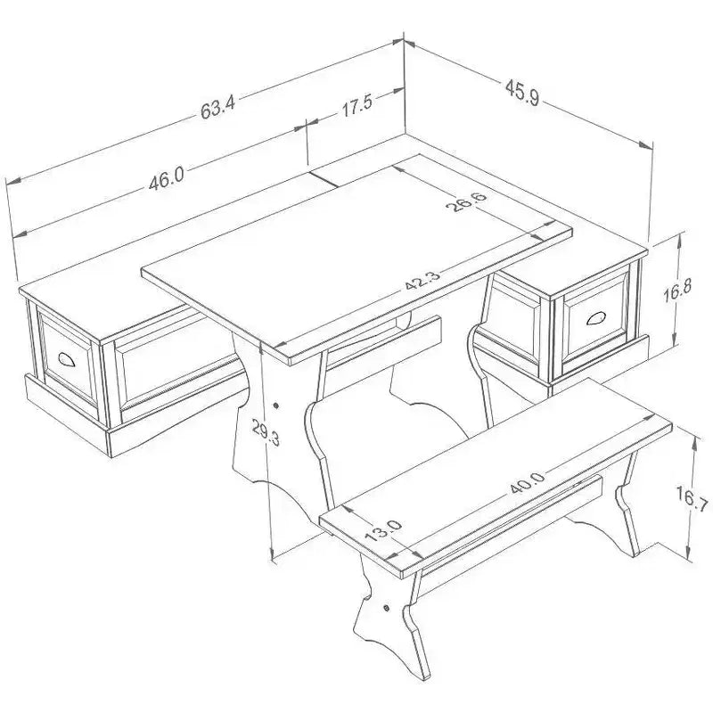 Set da pranzo Colby con panca a L e angolo senza schienale, marrone, struttura in legno, 5 posti, base a cavalletto