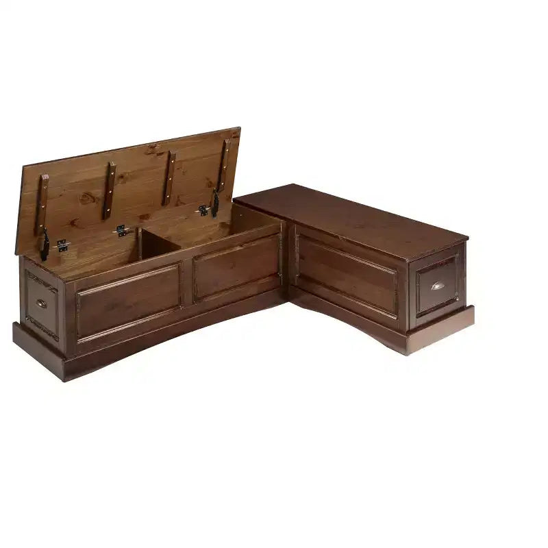 Set da pranzo Colby con panca a L e angolo senza schienale, marrone, struttura in legno, 5 posti, base a cavalletto