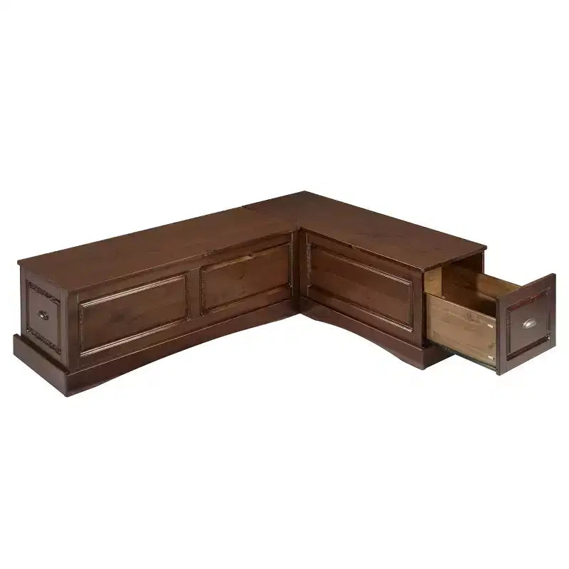 Set da pranzo Colby con panca a L e angolo senza schienale, marrone, struttura in legno, 5 posti, base a cavalletto