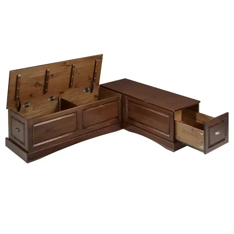 Set da pranzo Colby con panca a L e angolo senza schienale, marrone, struttura in legno, 5 posti, base a cavalletto