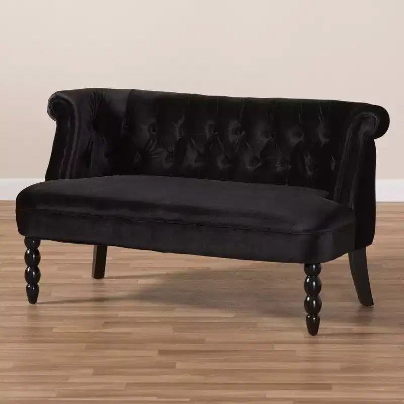 Divanetto a 2 Posti in Velluto Contemporaneo Stile Vittoriano Lino Nero, Elegante Poliestere, Design Trapuntato, Struttura in Legno