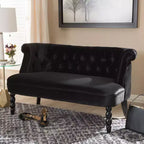 Divanetto a 2 Posti in Velluto Contemporaneo Stile Vittoriano Lino Nero, Elegante Poliestere, Design Trapuntato, Struttura in Legno