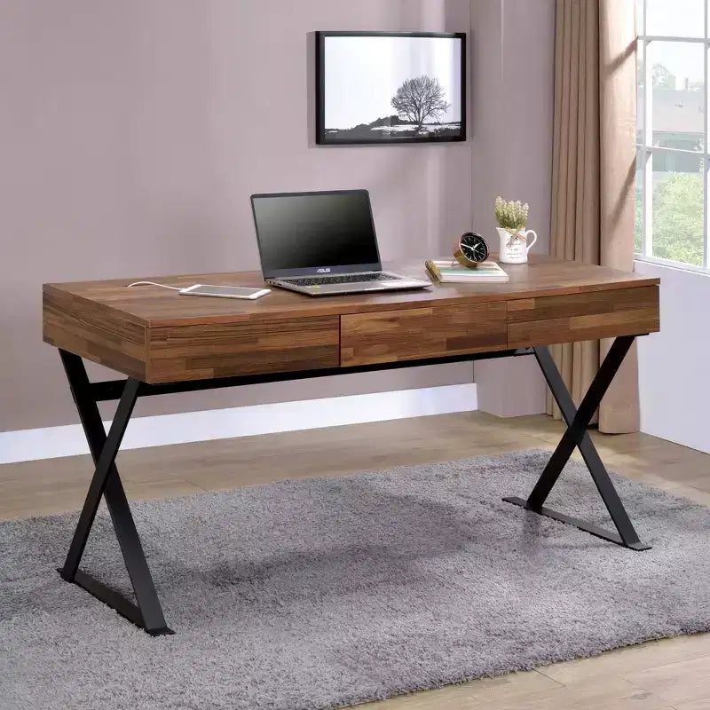 Marganza Scrivania per computer Beige/Nero, stile industriale, larghezza 150 cm, telaio in acciaio, 3 cassetti, porte USB