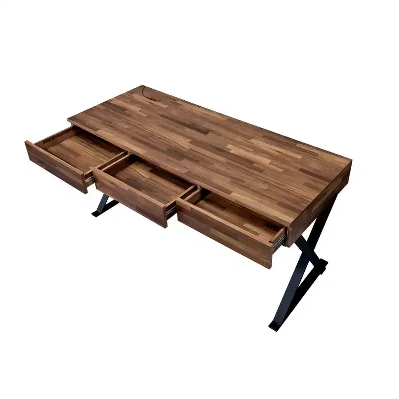Marganza Scrivania per computer Beige/Nero, stile industriale, larghezza 150 cm, telaio in acciaio, 3 cassetti, porte USB