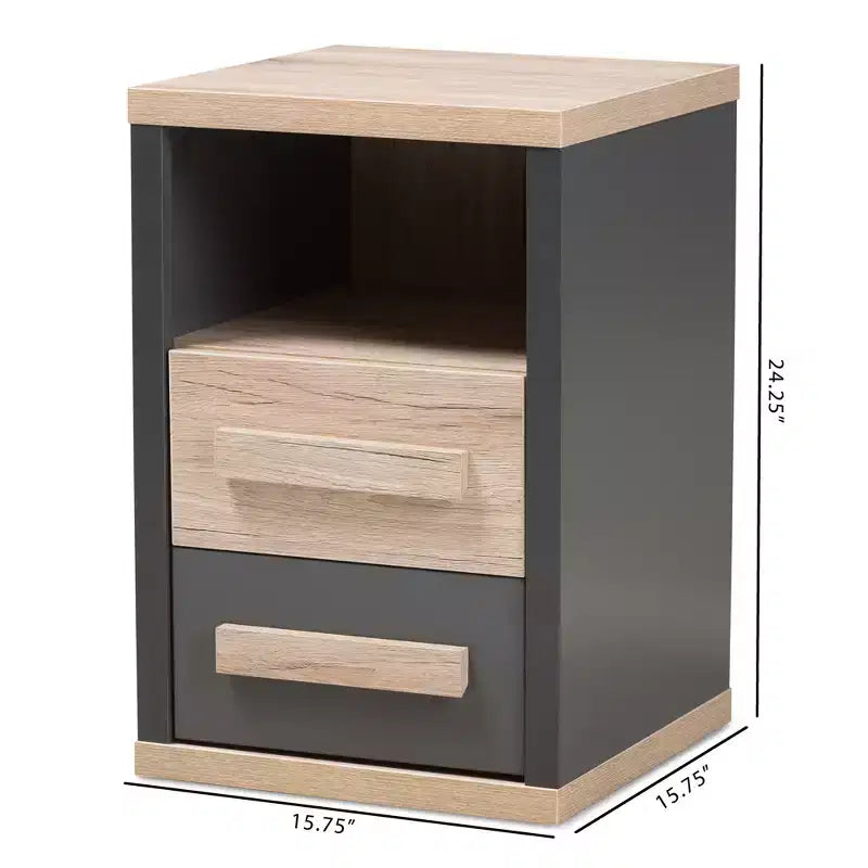 Pandora Comodino Moderno e Contemporaneo Bicolore a 2 Cassetti Grigio Scuro, Tavolino da Notto con Contenitore, Legno MDF