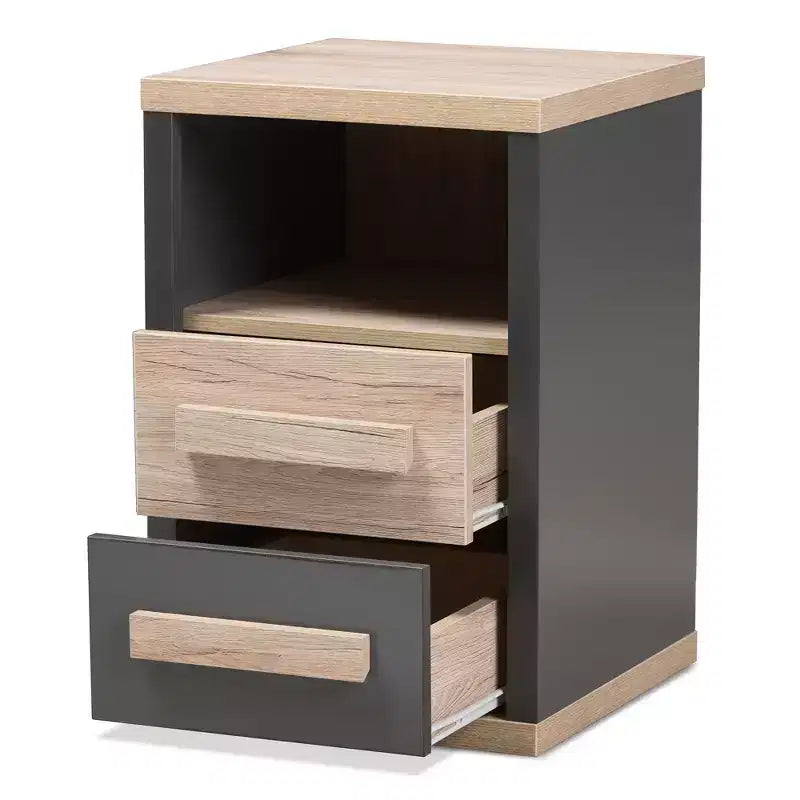 Pandora Comodino Moderno e Contemporaneo Bicolore a 2 Cassetti Grigio Scuro, Tavolino da Notto con Contenitore, Legno MDF