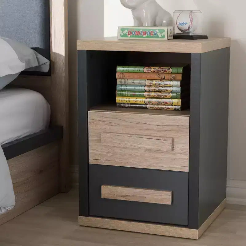 Pandora Comodino Moderno e Contemporaneo Bicolore a 2 Cassetti Grigio Scuro, Tavolino da Notto con Contenitore, Legno MDF