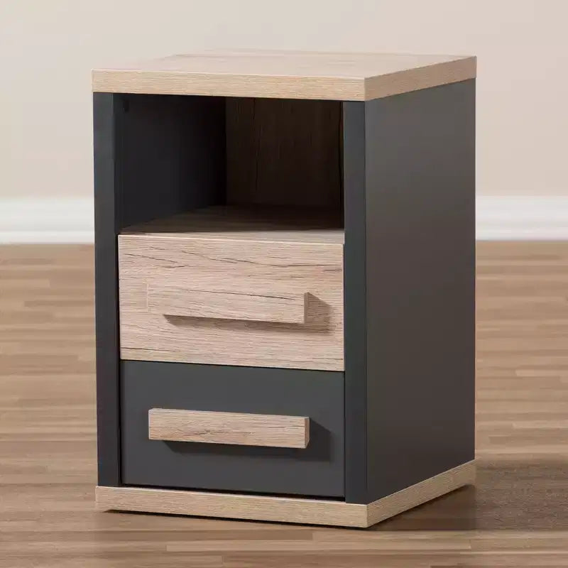 Pandora Comodino Moderno e Contemporaneo Bicolore a 2 Cassetti Grigio Scuro, Tavolino da Notto con Contenitore, Legno MDF
