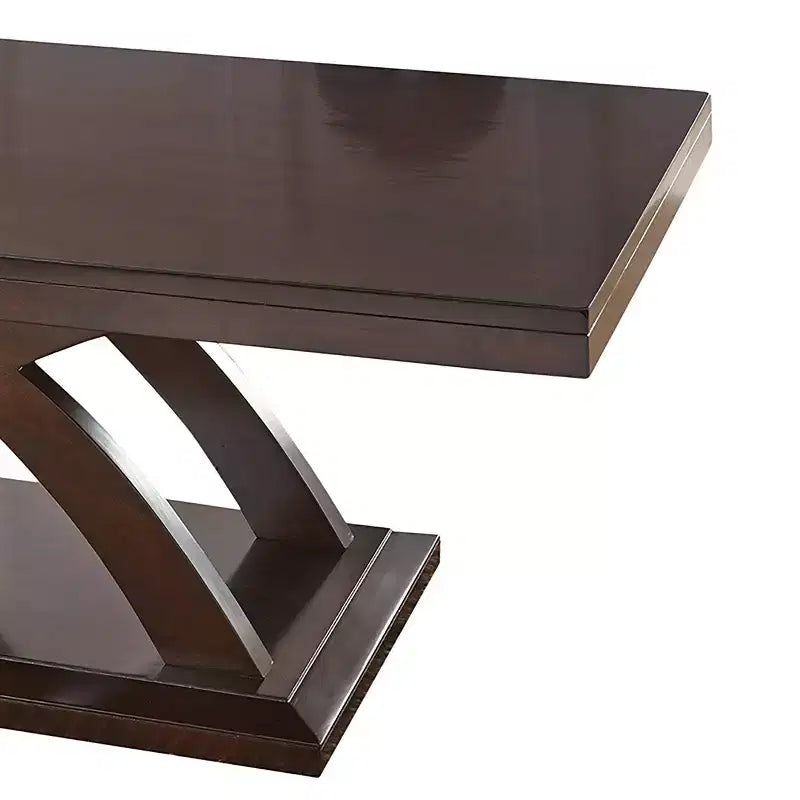 Tavolino da cocktail Jocelyn, espresso ciliegio, finitura lucida, piano in laminato di legno, base a piedistallo, forma rettangolare