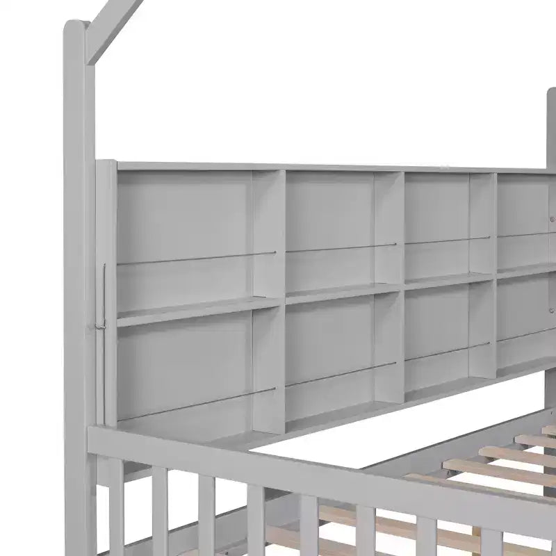 Letto a piattaforma in legno con rotelle e scaffale-ModernLuxe