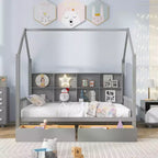 Letto a piattaforma in legno con rotelle e scaffale-ModernLuxe