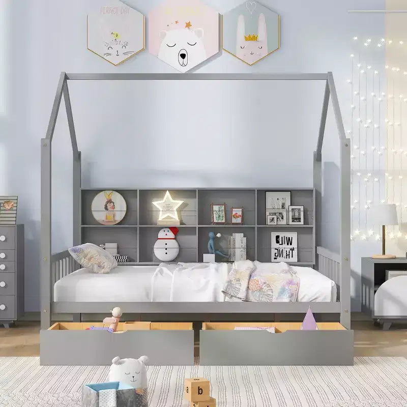 Letto a piattaforma in legno con rotelle e scaffale-ModernLuxe