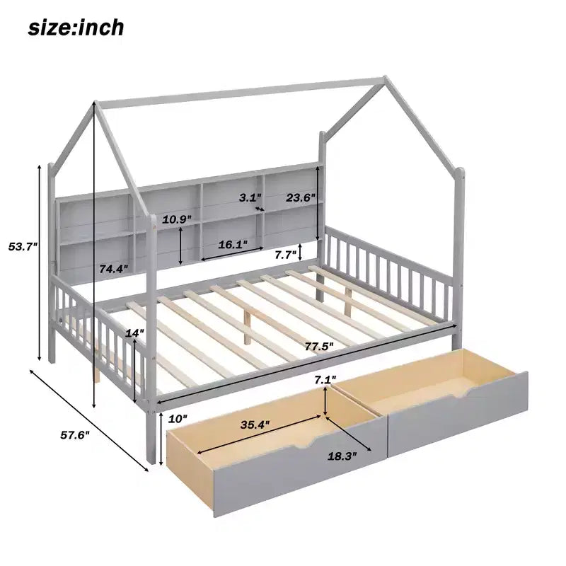 Letto a piattaforma in legno con rotelle e scaffale-ModernLuxe