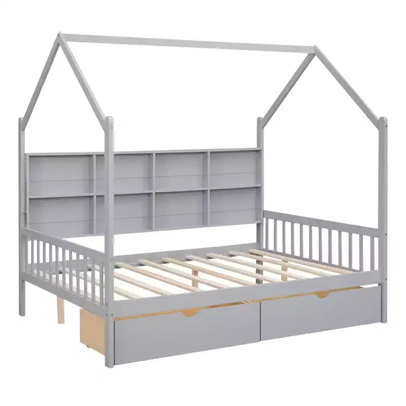 Letto a piattaforma in legno con rotelle e scaffale-ModernLuxe