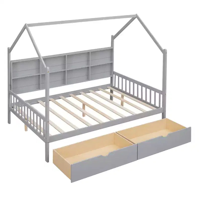 Letto a piattaforma in legno con rotelle e scaffale-ModernLuxe