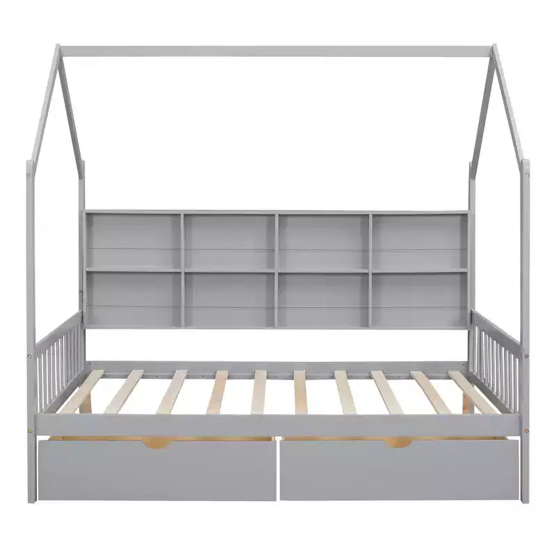 Letto a piattaforma in legno con rotelle e scaffale-ModernLuxe